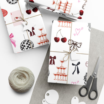 Edge of Romance Wrapping Paper | White Background Gift Wrap with Chic Sticker-Inspired Design