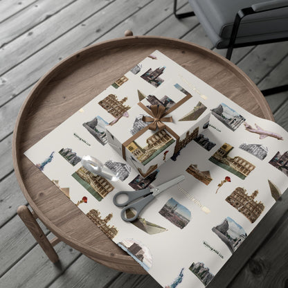 Stamped in Time Gift Wrapping Paper – Vintage Architecture & Travel Collage on Bone