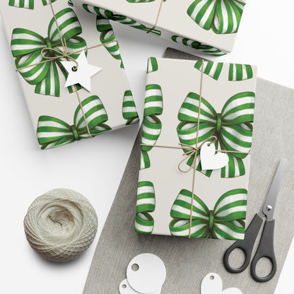 Green and White Stripe Printed Bows on Bone Gift Wrapping Paper