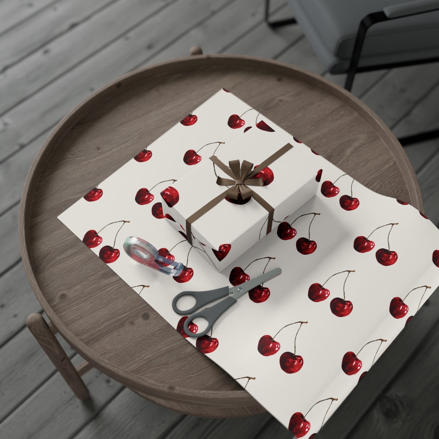 Moody Cherry Stem Gift Wrapping Paper – Glossy Red Fruit on Bone Color