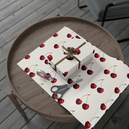 Moody Cherry Stem Gift Wrapping Paper – Glossy Red Fruit on Bone Color
