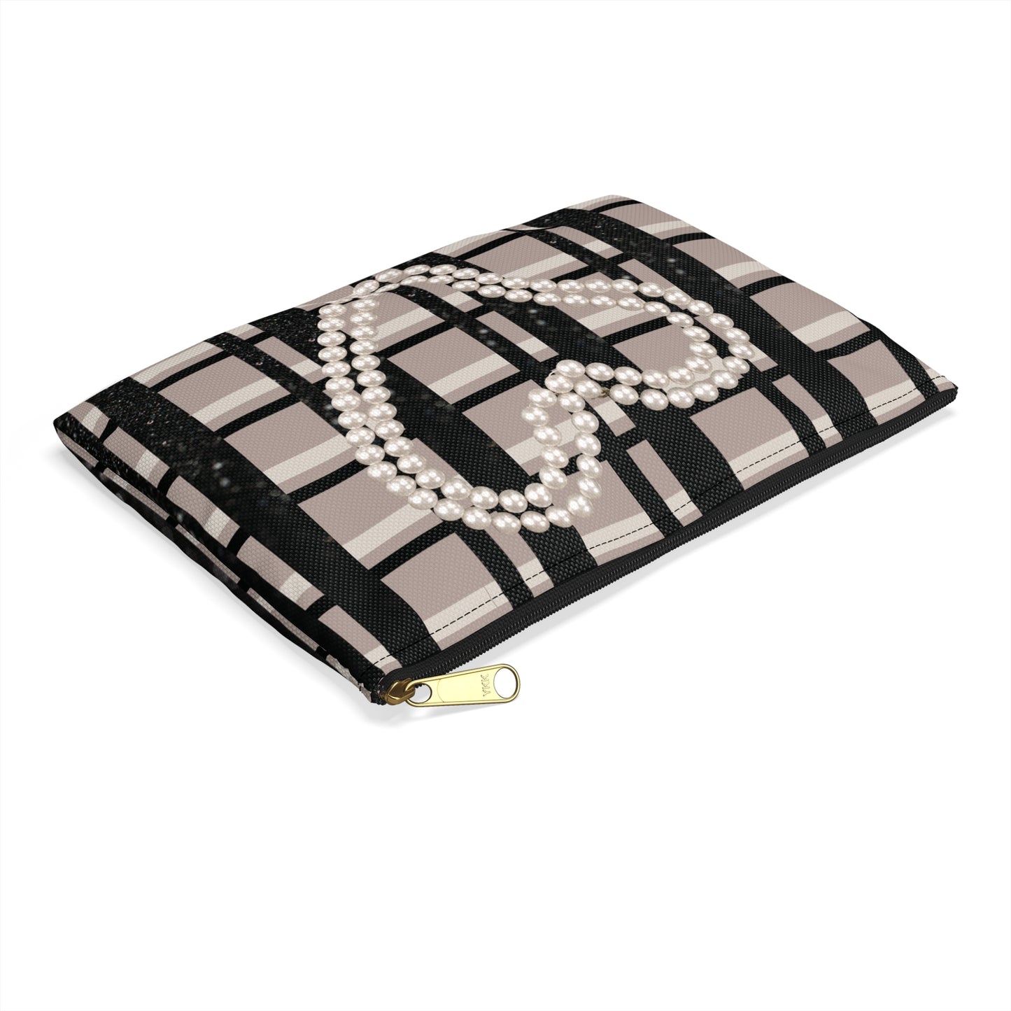 Taupe, Black, and Black Glitter Plaid with Pearl Necklace Accessory Pouch