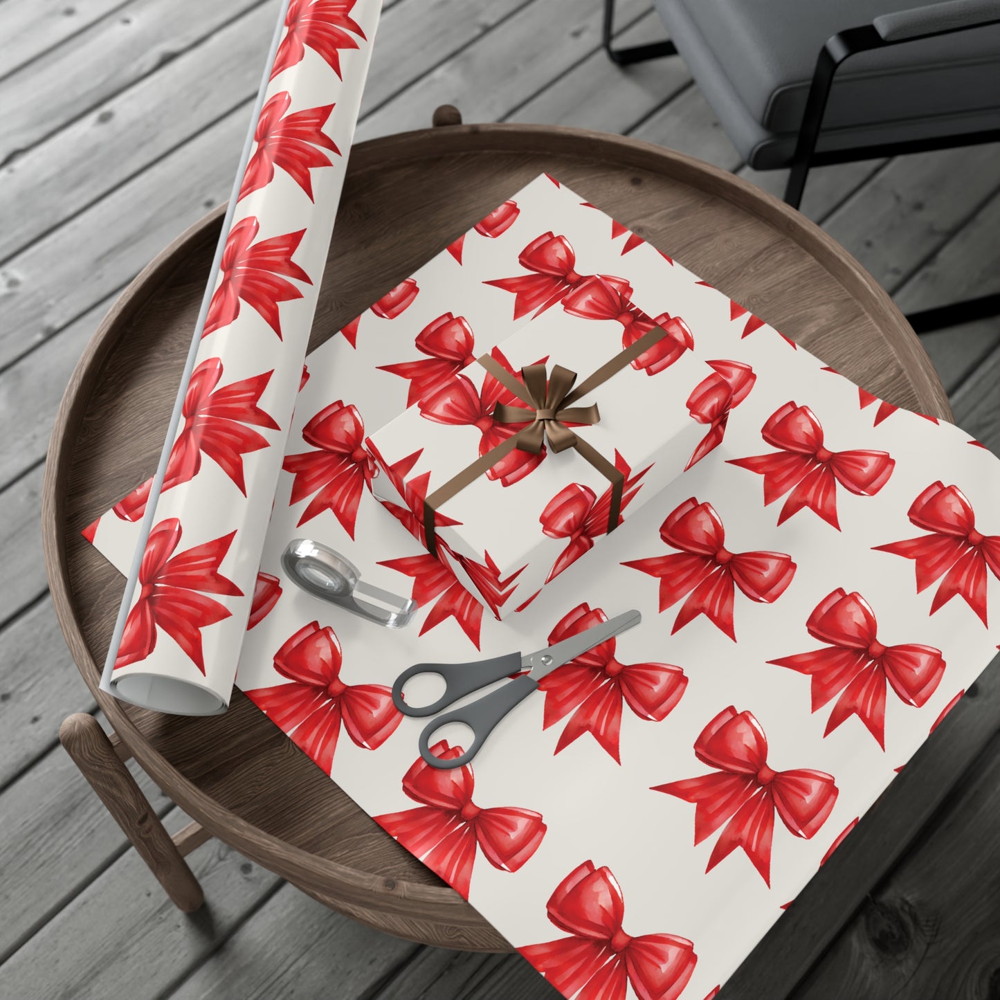 Printed Red Bows on Bone Gift Wrapping Paper