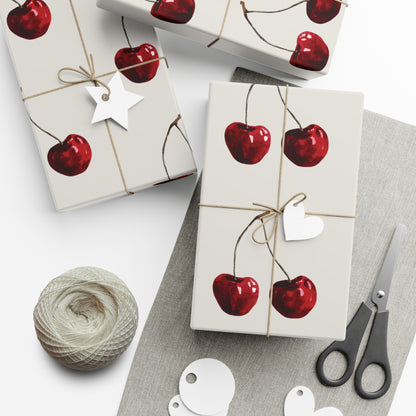 Moody Cherry Stem Gift Wrapping Paper – Glossy Red Fruit on Bone Color