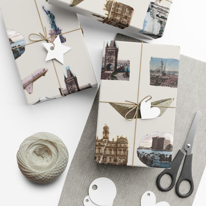 Stamped in Time Gift Wrapping Paper – Vintage Architecture & Travel Collage on Bone