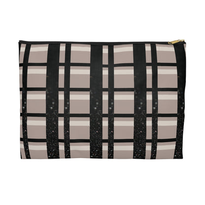 Taupe, Black, and Black Glitter Plaid Accessory Pouch