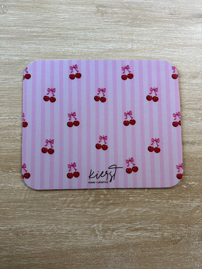 Cherries on Pink Stripes Mouse Pad