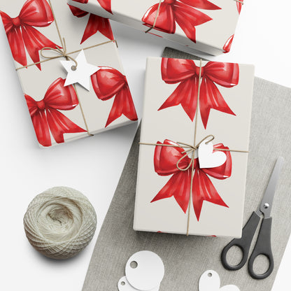 Printed Red Bows on Bone Gift Wrapping Paper