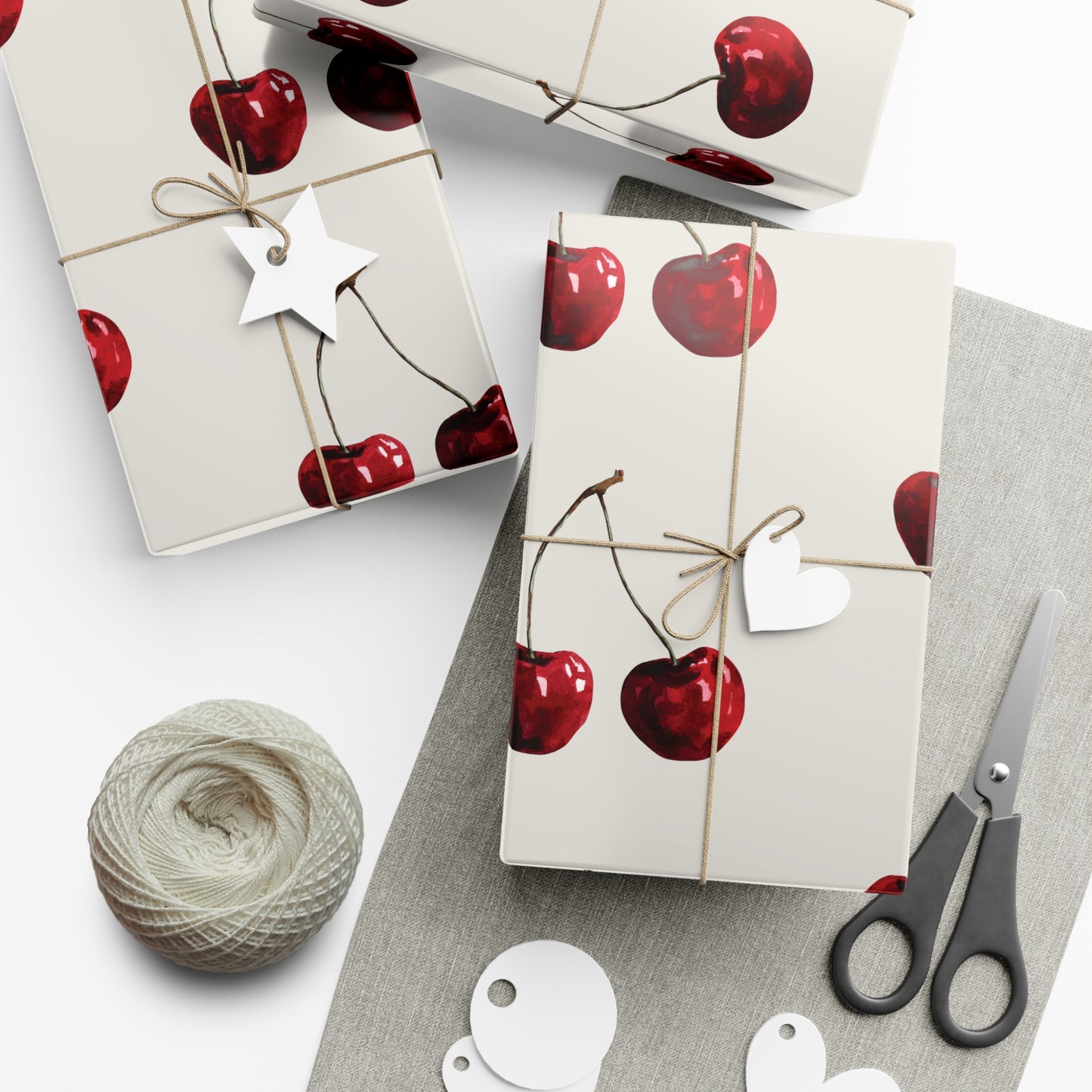 Moody Cherry Stem Gift Wrapping Paper – Glossy Red Fruit on Bone Color