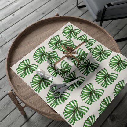 Green and White Stripe Printed Bows on Bone Gift Wrapping Paper