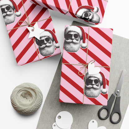 Cool Santa on Pink and Red Diagonal Striped Gift Wrapping paper