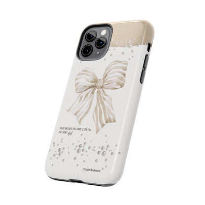 Tan and White Bow With Pearls She Believed She Could iPhone Case