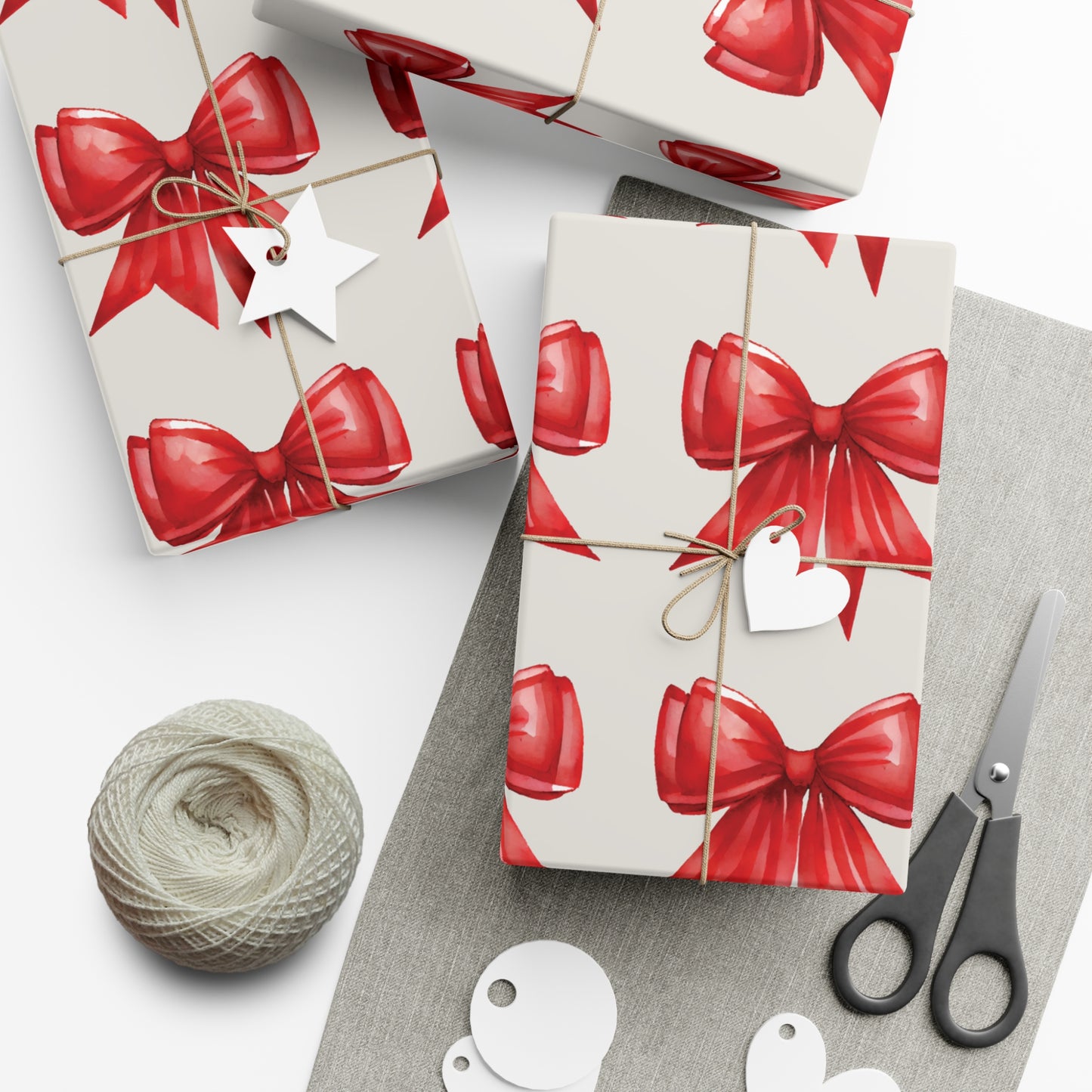 Printed Red Bows on Bone Gift Wrapping Paper