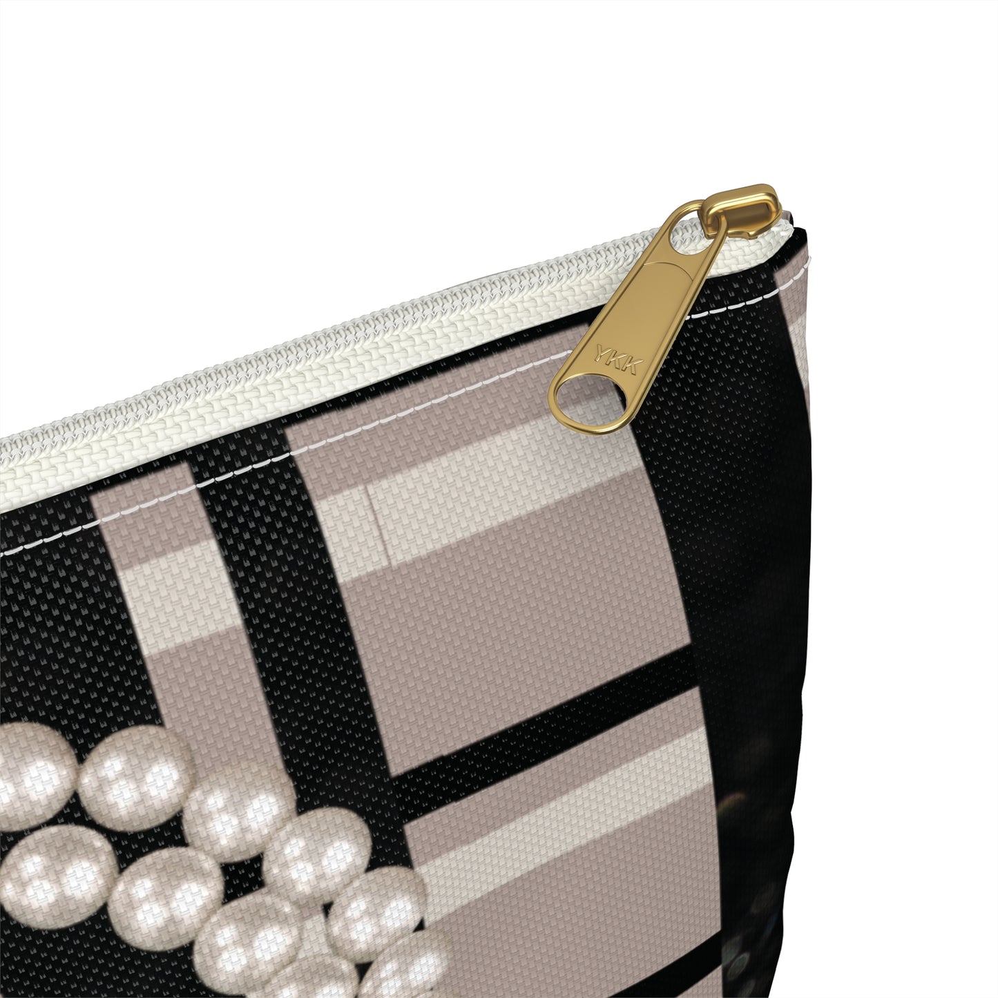 Taupe, Black, and Black Glitter Plaid with Pearl Necklace Accessory Pouch