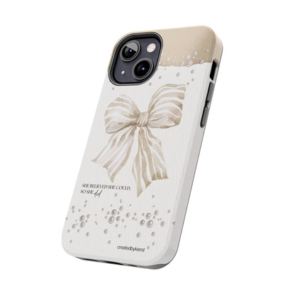 Tan and White Bow With Pearls She Believed She Could iPhone Case