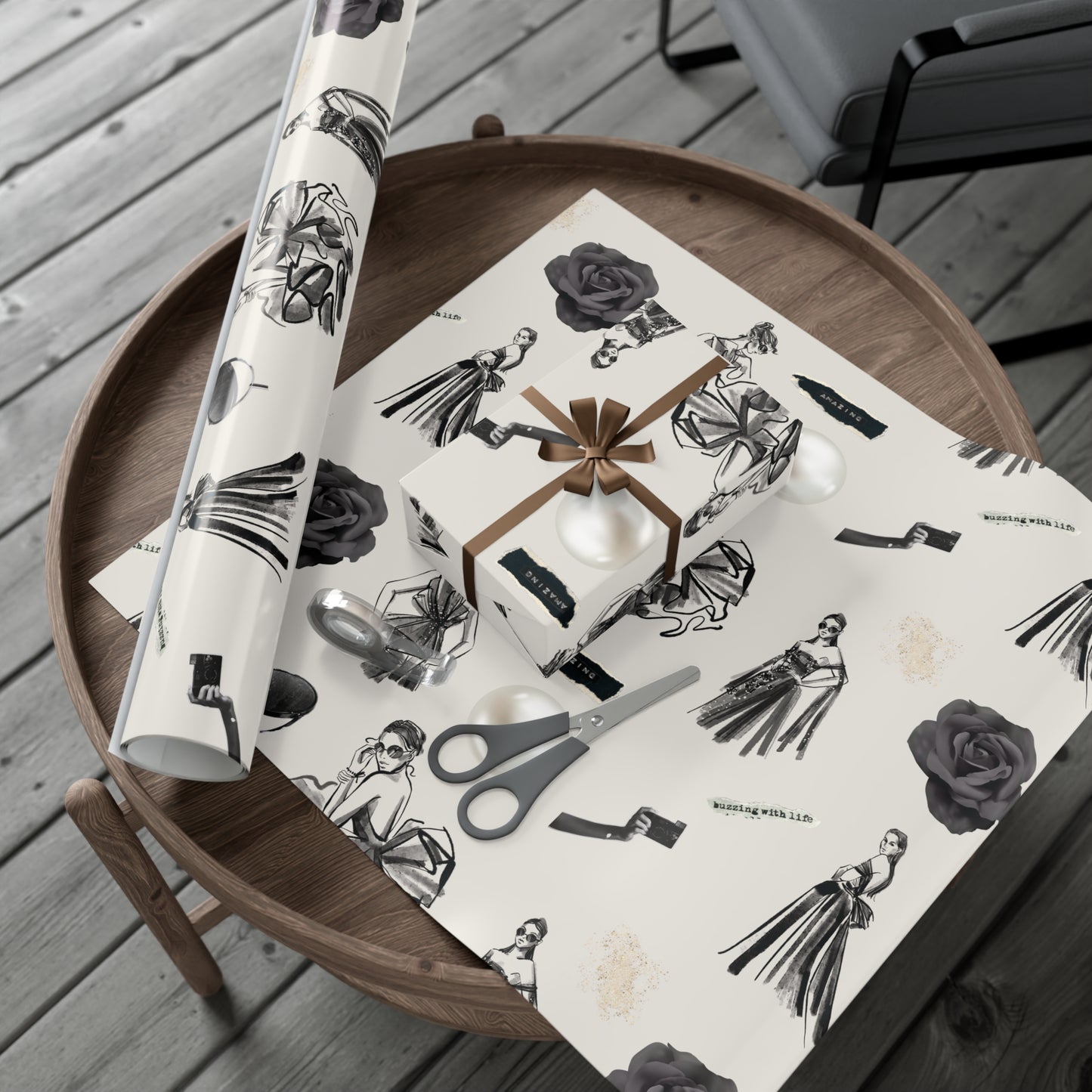B&W Fashion Illustration Gift Wrapping Paper | Elegant Sketches on Bone White