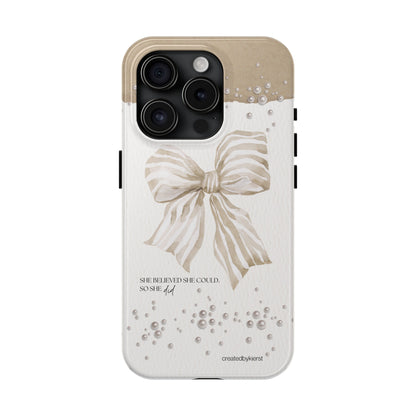 Tan and White Bow With Pearls She Believed She Could iPhone Case