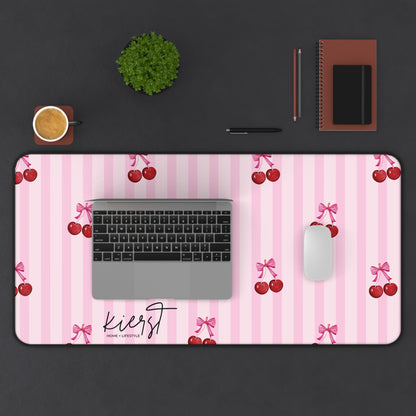 Cherries on Pink Stripes Desk Mat