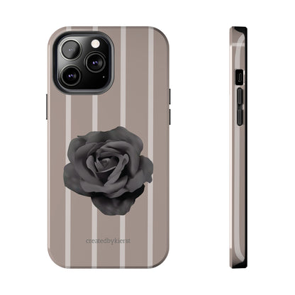 Cream and Brown Vertical Stripes with Black Rose iPhone Case