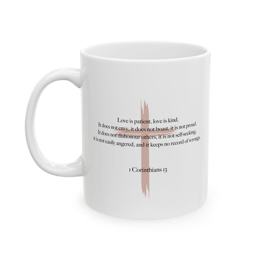 Love Is Patient Mug – Taupe Cross + Scripture