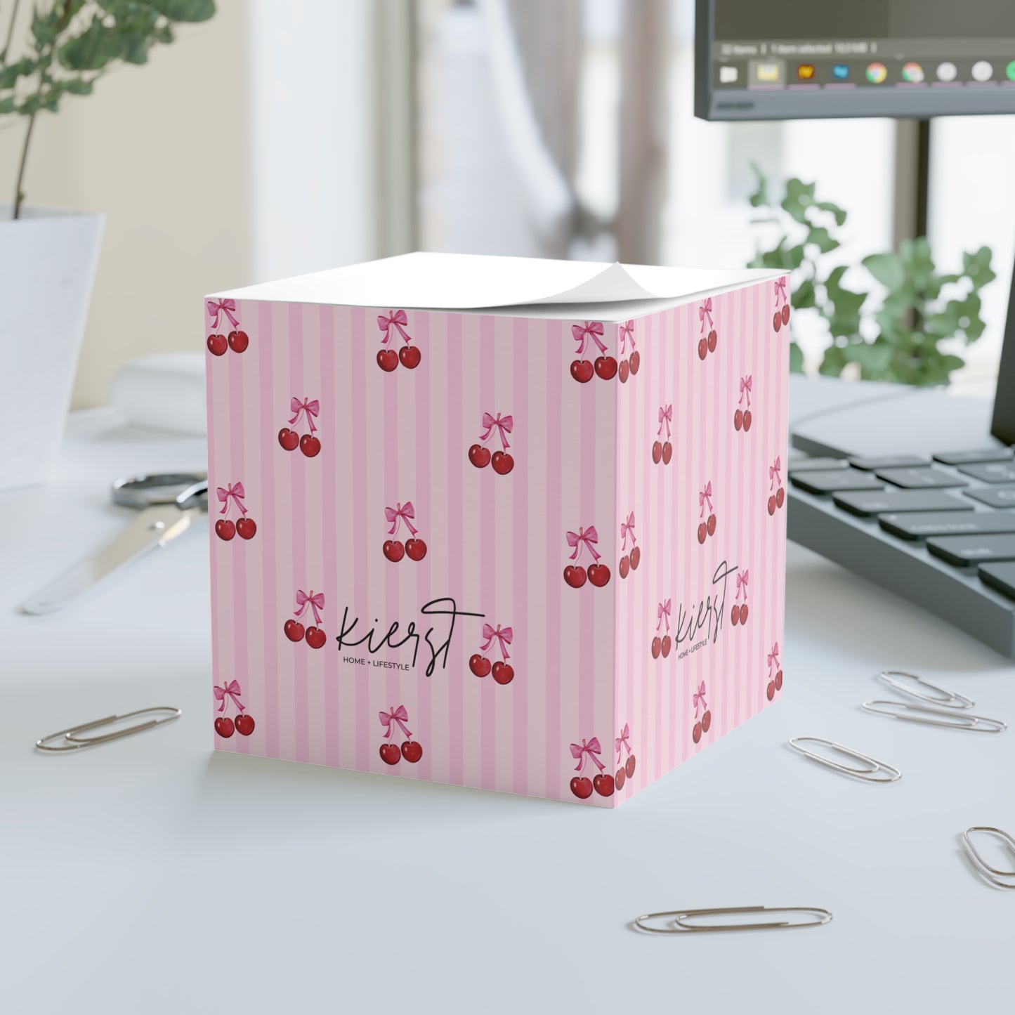 Cherries on Pink Stripes Note Cube