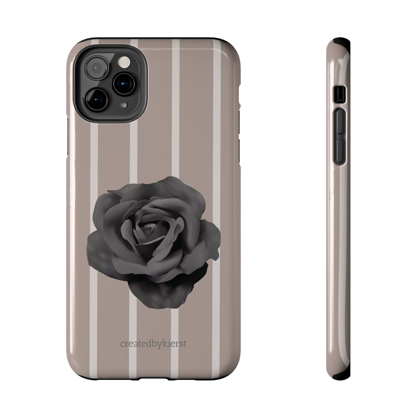 Cream and Brown Vertical Stripes with Black Rose iPhone Case