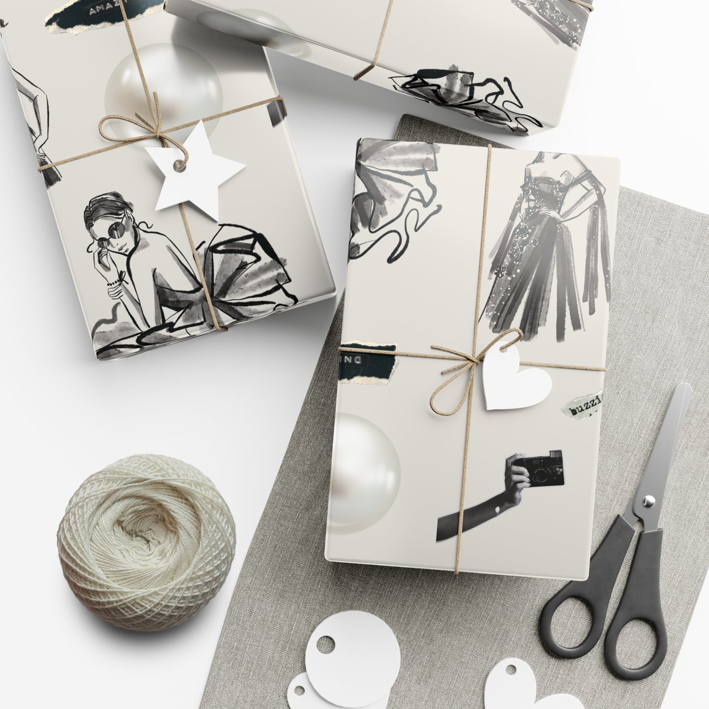 B&W Fashion Illustration Gift Wrapping Paper | Elegant Sketches on Bone White