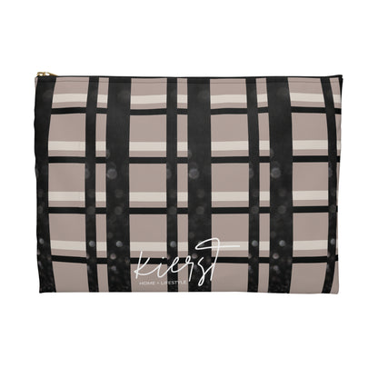 Plaid Luxe Accessory Pouch – Taupe, Black, and Glitter Detail in a Chic Grid