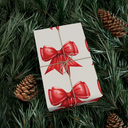 Printed Red Bows on Bone Gift Wrapping Paper