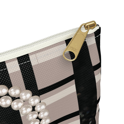 Taupe, Black, and Black Glitter Plaid with Pearl Necklace Accessory Pouch