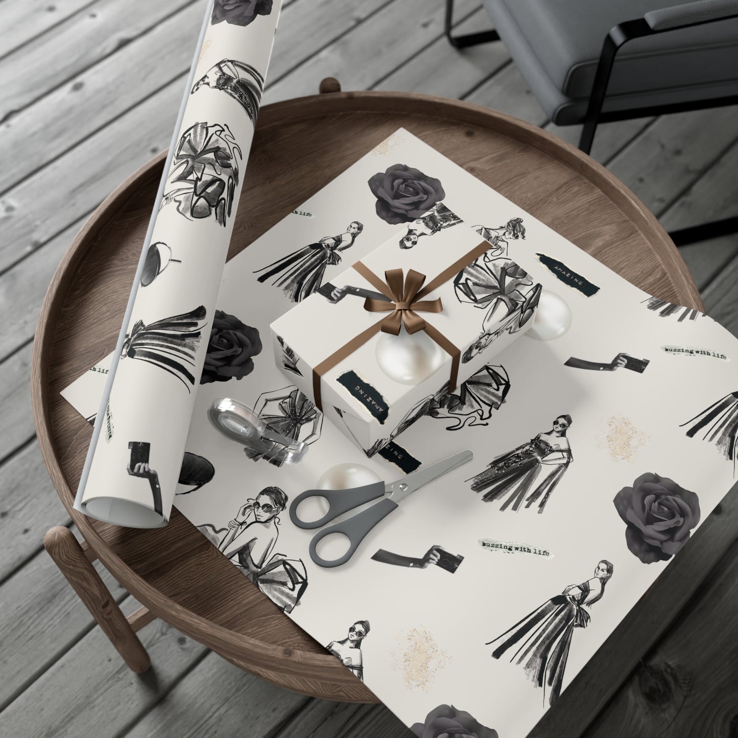B&W Fashion Illustration Gift Wrapping Paper | Elegant Sketches on Bone White