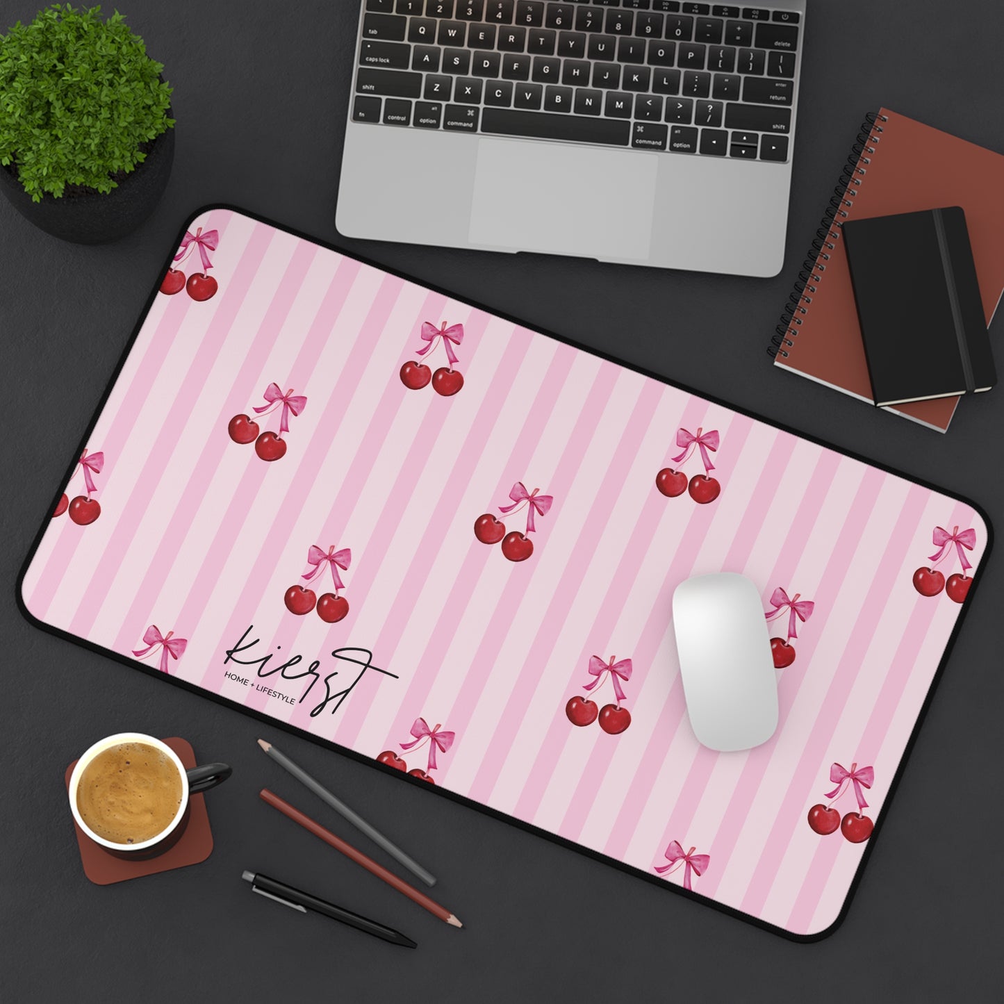 Cherries on Pink Stripes Desk Mat