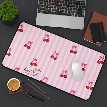 Cherries on Pink Stripes Desk Mat