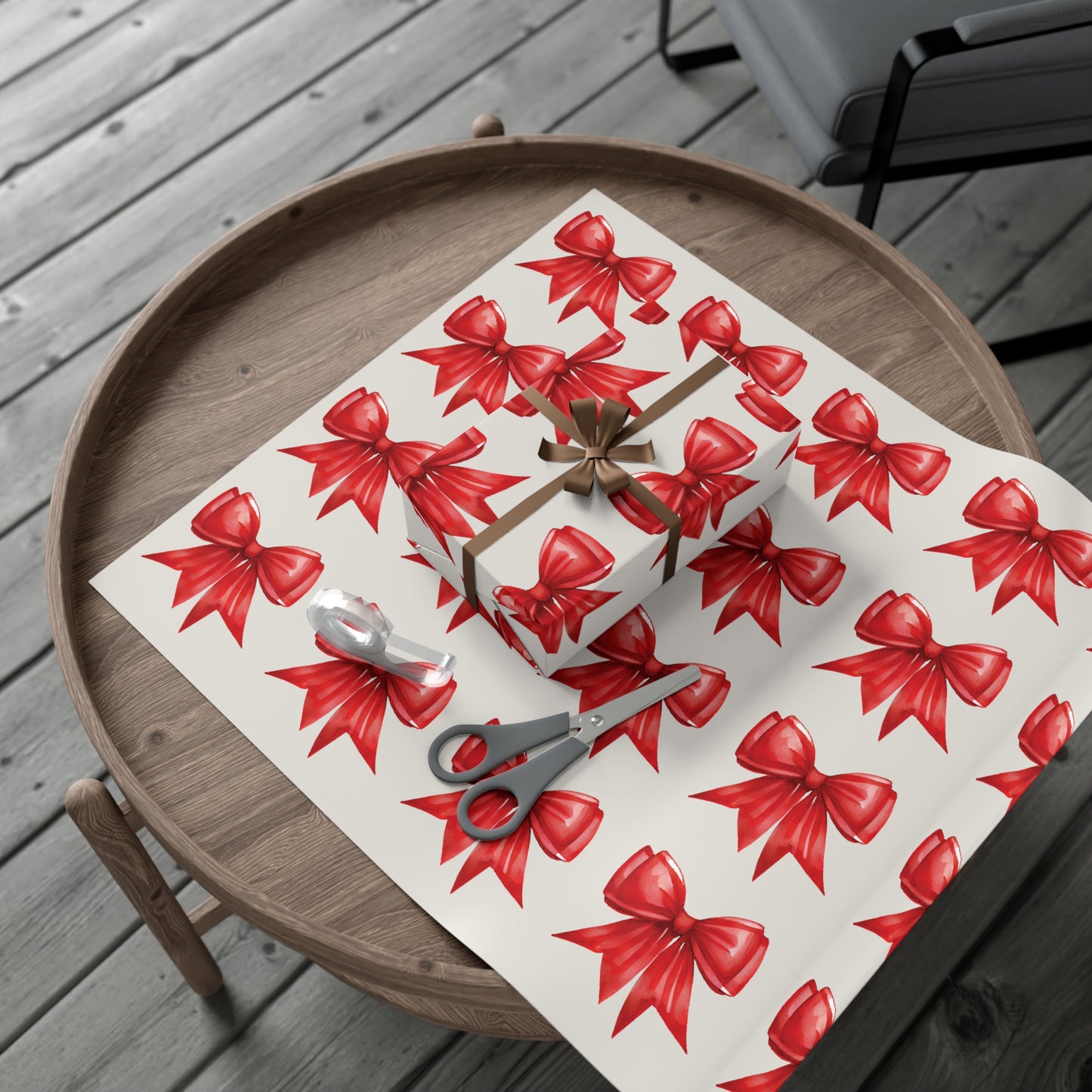 Printed Red Bows on Bone Gift Wrapping Paper