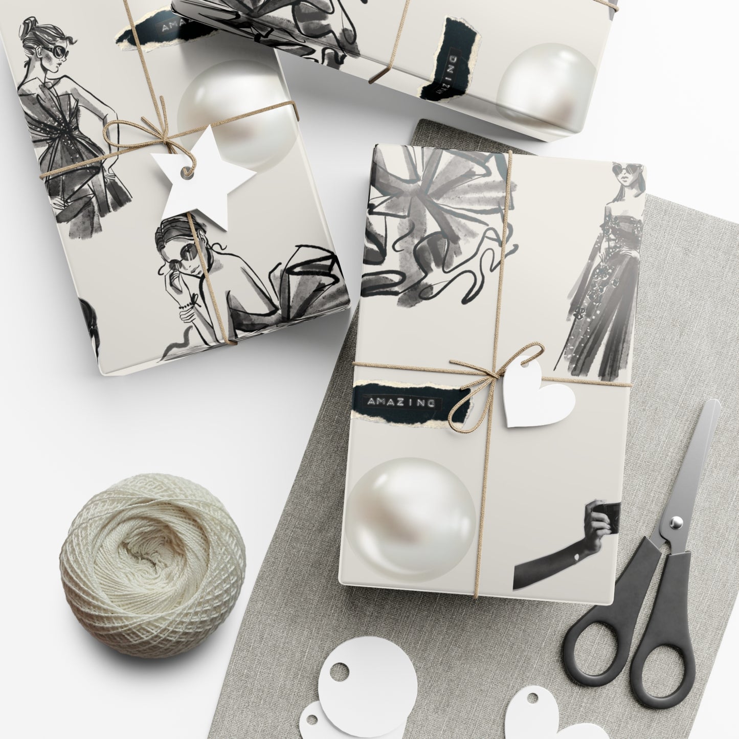 B&W Fashion Illustration Gift Wrapping Paper | Elegant Sketches on Bone White