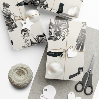 B&W Fashion Illustration Gift Wrapping Paper | Elegant Sketches on Bone White