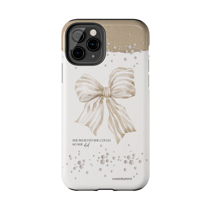 Tan and White Bow With Pearls She Believed She Could iPhone Case