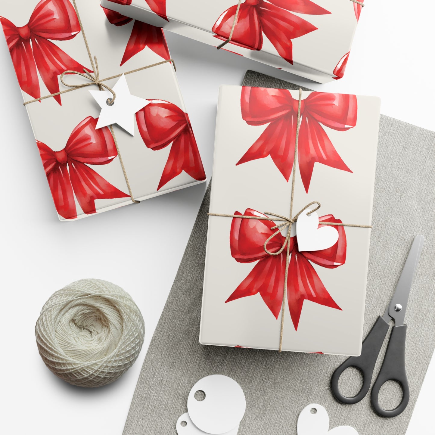 Printed Red Bows on Bone Gift Wrapping Paper