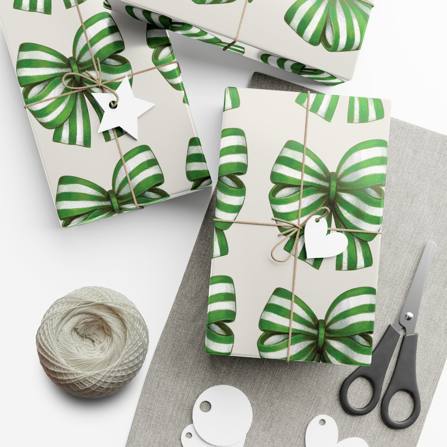 Green and White Stripe Printed Bows on Bone Gift Wrapping Paper