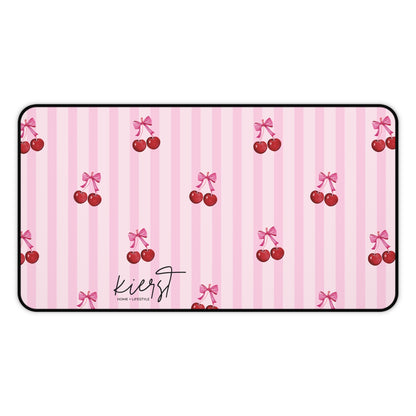 Cherries on Pink Stripes Desk Mat