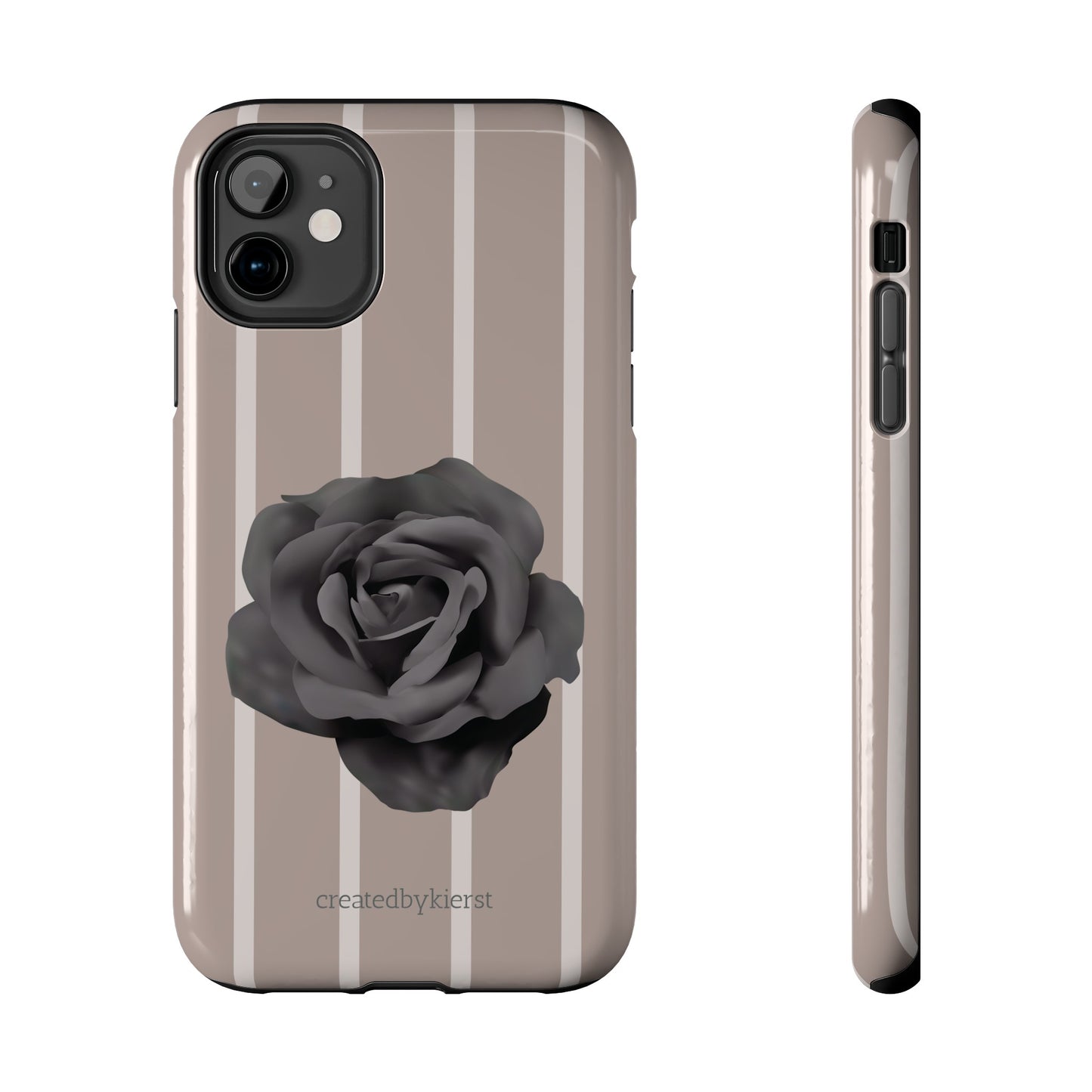 Cream and Brown Vertical Stripes with Black Rose iPhone Case