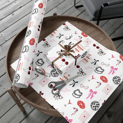 Edge of Romance Wrapping Paper | White Background Gift Wrap with Chic Sticker-Inspired Design