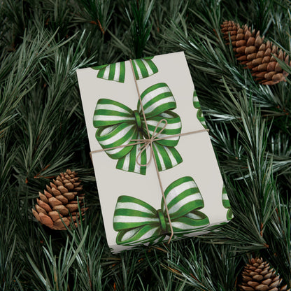 Green and White Stripe Printed Bows on Bone Gift Wrapping Paper