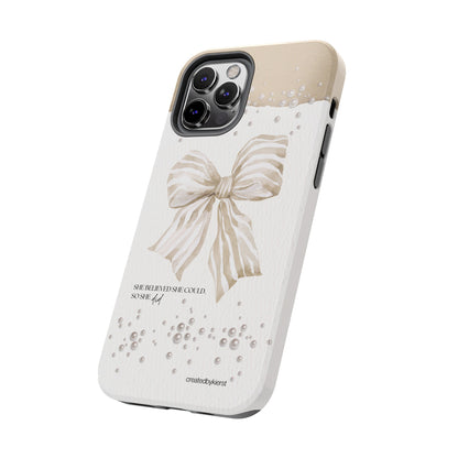 Tan and White Bow With Pearls She Believed She Could iPhone Case