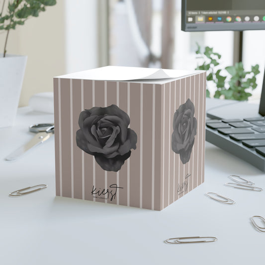 Beige and Brown Vertical Stripes with Black Rose Note Cube