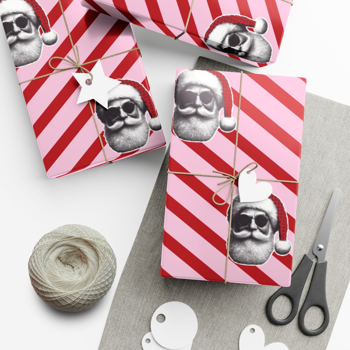 Cool Santa on Pink and Red Diagonal Striped Gift Wrapping paper
