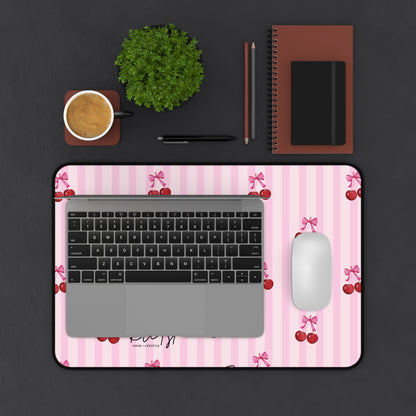 Cherries on Pink Stripes Desk Mat