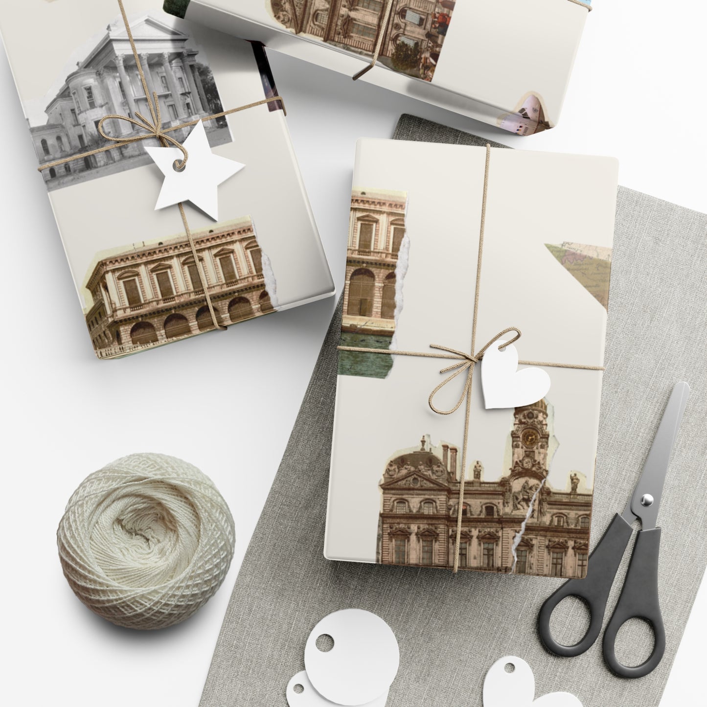 Vintage Stamps Travel Architecture on Bone Gift Wrapping Paper