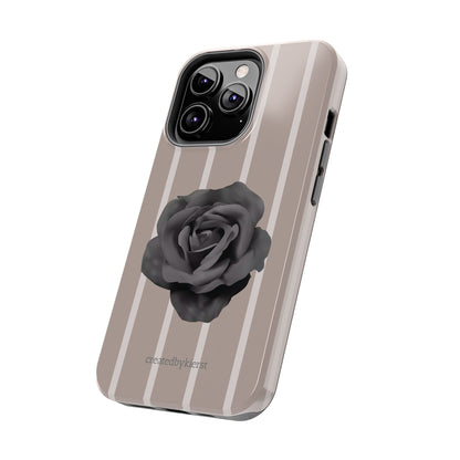 Cream and Brown Vertical Stripes with Black Rose iPhone Case