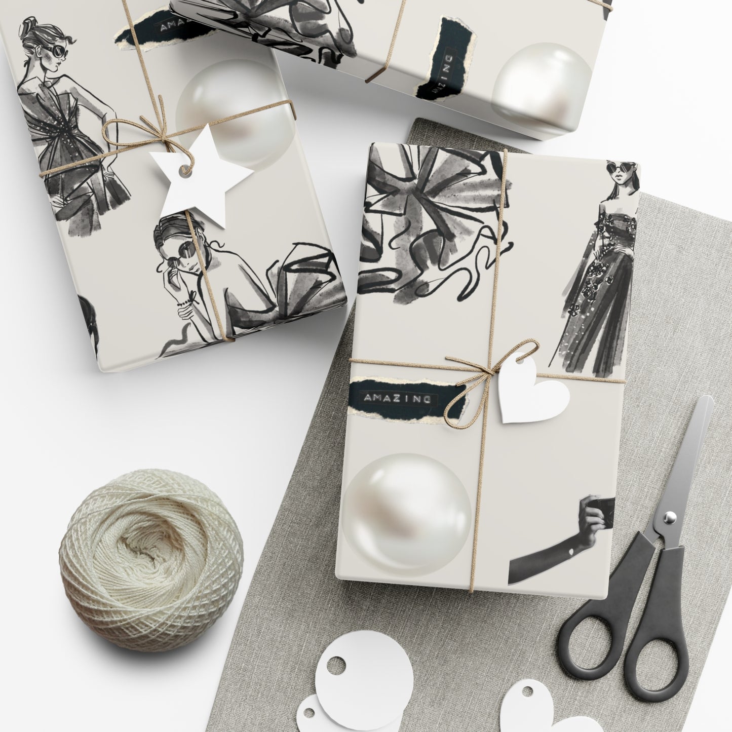 B&W Fashion Illustration Gift Wrapping Paper | Elegant Sketches on Bone White